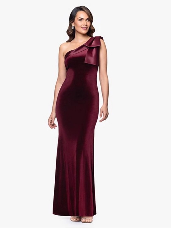 Ba Nites Dresses & Skirts - BA Nites One Shoulder Bow Velvet Evening Gown- Burgundy. Size 16. NWT